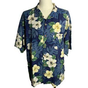 Island Sport Button Up Hawaiian Silk Shirt XXL Blue Floral Short Sleeve Pocket